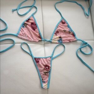 Wild Style Floral Pink and Blue String Bikini with thong bottom NWOT Size S/M